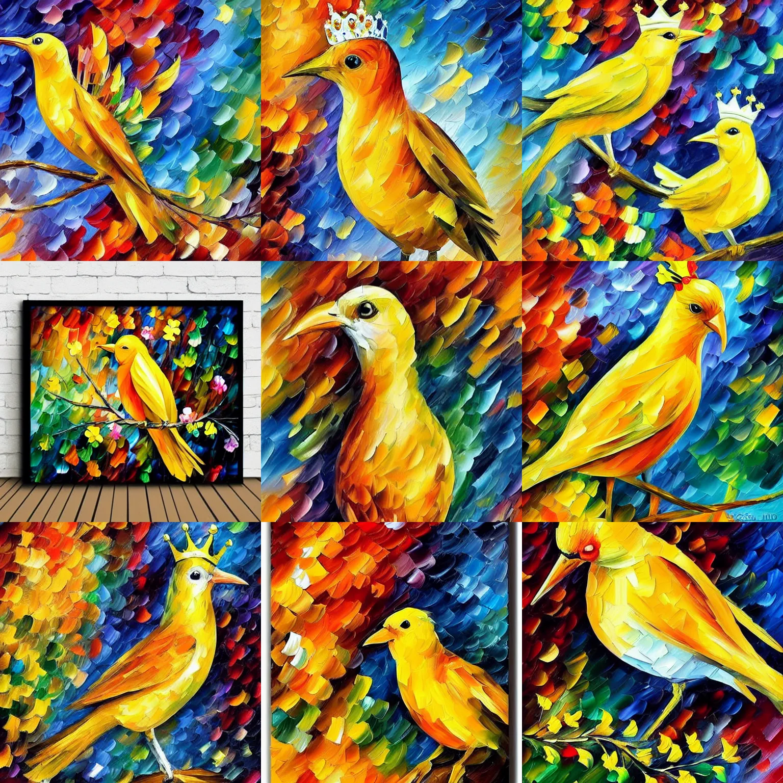 Prompt: an elegant yellow bird wearing a royal crown in the style of leonid afremov, very very beautiful, impressionism, high quality, detailed, 4k