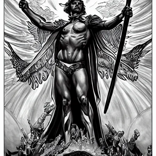 Prompt: An epic Socialist Realism comic book style, stunning, breathtaking, awe-inspiring award-winning concept art nouveau painting of sophisticated portrayal of Lucifer, invincible and triumphant over Heaven, exquisite and handsome wings, holding a flaming sword of hellfire in his hands , fisheye, a star is born in the background, photorealistic, complex, intricate, 3-point perspective, hyper detailed, unreal engine 5,DAZ, symmetrical, octane render, dynamic lighting, 8k , IMAX quality, polished, photoshopped, high resolution, , path tracing, volumetric lighting, Arnold render