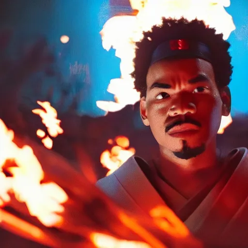 Image similar to cinematic film still of Chance The Rapper starring as a Samurai holding fire, Japanese CGI, VFX, 2022, 40mm lens, shallow depth of field, film photography