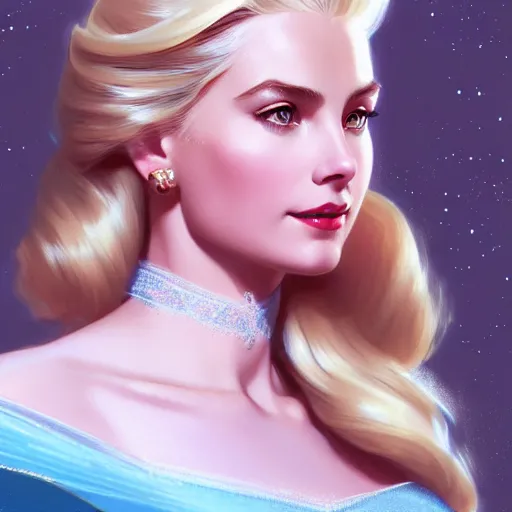 Image similar to Blonde Grace Kelly as Elsa from Frozen, western, D&D, fantasy, intricate, elegant, highly detailed, digital painting, artstation, concept art, matte, sharp focus, illustration, art by Artgerm and Greg Rutkowski and Alphonse Mucha