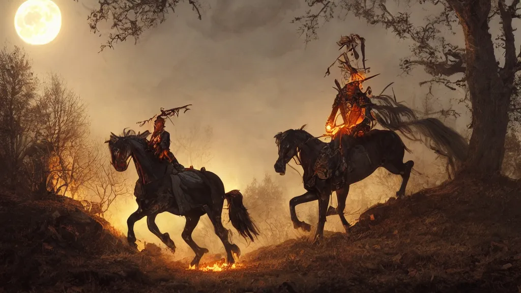 Image similar to a colonial rider!!!! with jack - o - lantern head on lone rampant!!! ( ( black horse ) ) with fiery eyes, background gnarled trees and large supermoon, in the styles of greg rutkowski, keith parkinson, and john quidor, intricate, detailed, volumetric lighting