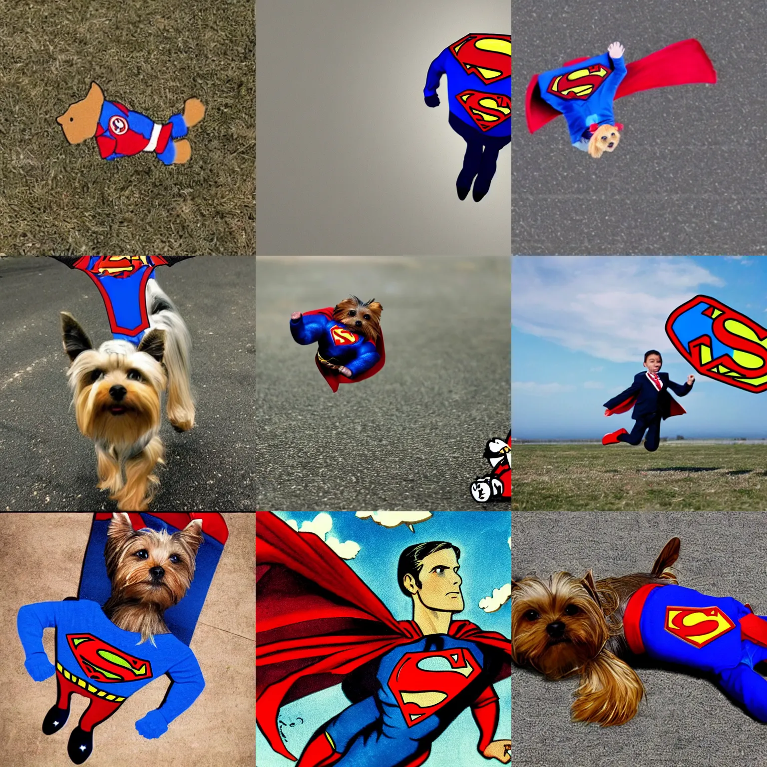 Prompt: yorkie in the suit of superman flies away from earth