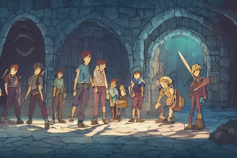 Image similar to cell shaded key visual of a group of adventurers find treasure in a dungeon, in the style of studio ghibli, moebius, makoto shinkai,