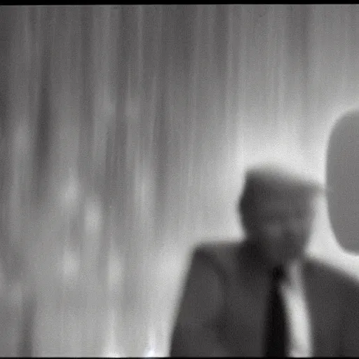 Image similar to A old and very blurry and grainy ominous screen footage of Donald Trump talking to an alien