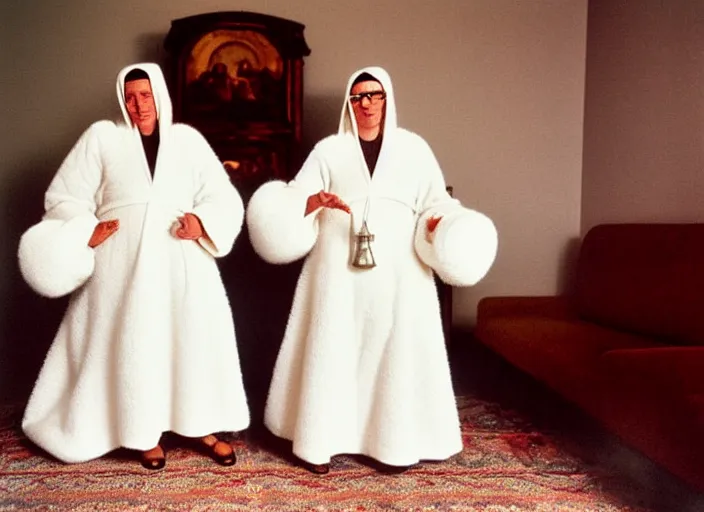 Image similar to realistic photo of a two medieval female nuns scientists wearing white cotton robes, doing an experiment with a fluffy furry fur cloud, living room interior is made of wood 1 9 9 0, life magazine reportage photo, natural colors