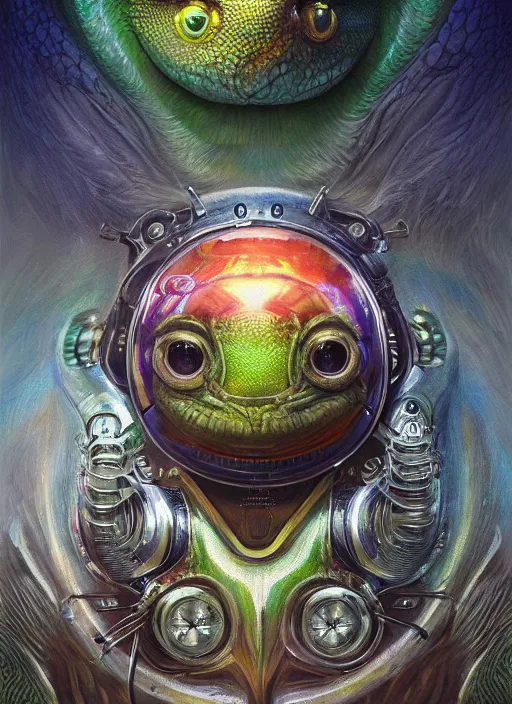 Prompt: close up sci - fi hippie poster art simon stalenhag reptile robot eyes, rainbow fur, elegant, highly detailed, centered, digital painting, concept art, smooth, sharp focus, illustration, artgerm, tomasz alen kopera, peter mohrbacher, donato giancola, joseph christian leyendecker, wlop, frank frazetta