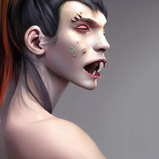 Image similar to side view of a beautiful woman with a monstrous mouth with many teeth on the back of her head , made by Stanley Artgerm Lau, WLOP, Rossdraws, ArtStation, CGSociety, concept art, cgsociety, octane render, trending on artstation, artstationHD, artstationHQ, unreal engine, 4k, 8k,