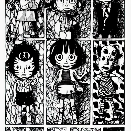 Prompt: Rugrats by Junji Ito, black and white, creepy