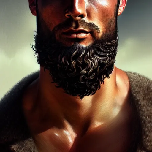 Image similar to Cristiano Ronaldo with a majestic beard, closeup, D&D, fantasy, intricate, elegant, highly detailed, digital painting, artstation, concept art, matte, sharp focus, illustration, art by Artgerm and Greg Rutkowski and Alphonse Mucha