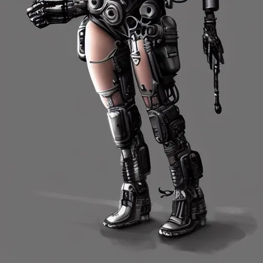 Image similar to beautiful female cyborg, full round face, short smile, full body, post apocalyptic setting, medium shot, mid-shot, highly detailed, trending on Artstation