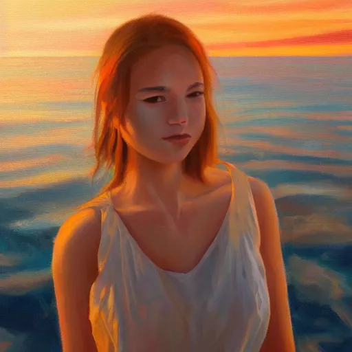 Prompt: an influencer girl portrait, sunset, ocean in distance, oil painting, pale colors, high detail, 8 k, wide angle, trending on artstation,