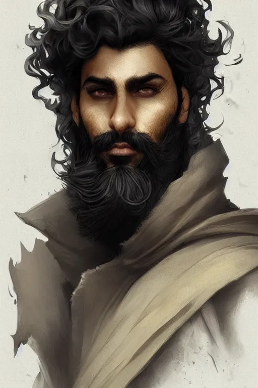 Image similar to Arab man light beard, curly hair, swordsman, modern, hero, leather , yellow and charcoal, character concept art, costume design, trending on artstation, Artgerm , WLOP