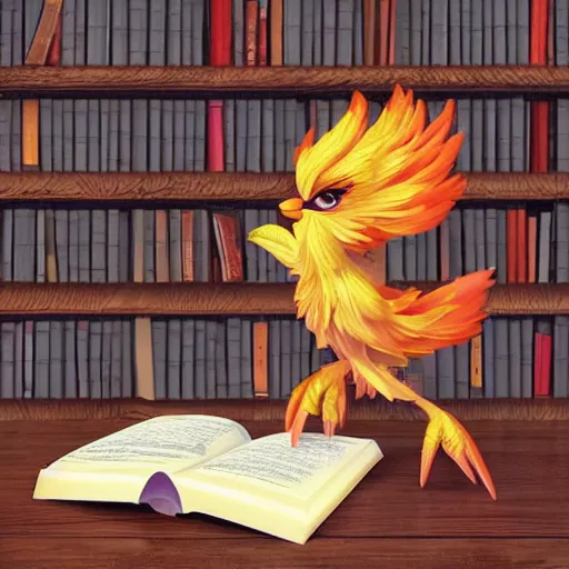 Prompt: a phoenix fledgling learning to read in a library #digital-art #3D #Render #Raytracing #Cute #Adorable #Anime #detailed #Perfect