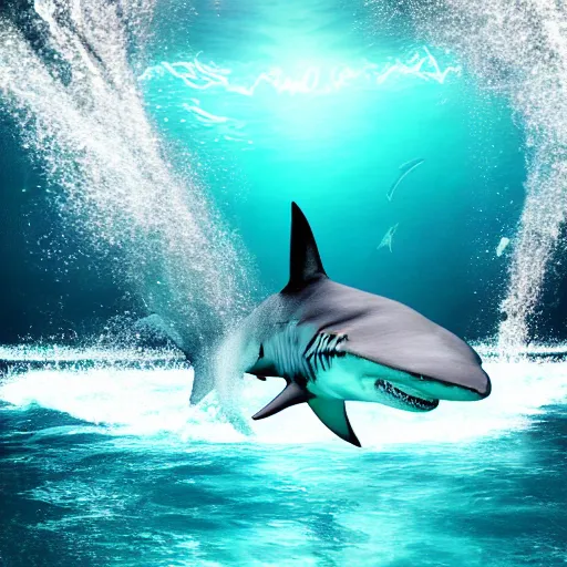 Image similar to a giant shark as water art manipulation, on the ocean water, futuristic, glowing, hyper realistic, ray tracing, realistic water splashes, sharp focus, long shot, 8 k resolution, cinematic, photoshop art