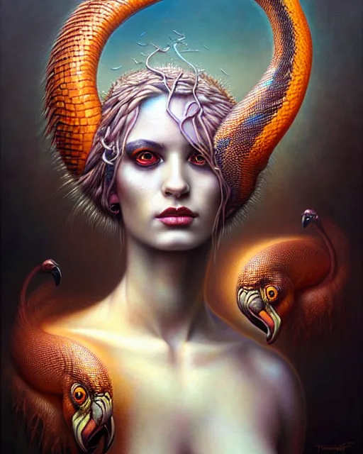 Image similar to a detailed portrait of dreampunk flamingo python hybrid mix beautiful! goddess by tomasz alen kopera and peter mohrbacher