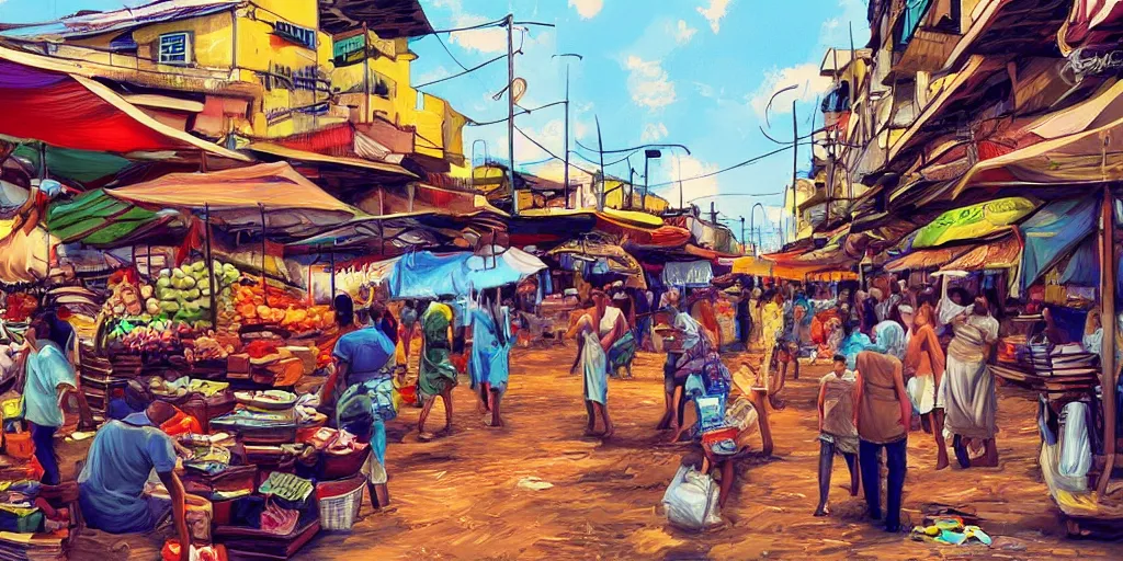 Prompt: prosperous markets in salvador bahia Brazil, digital painting concept art, trending on art station