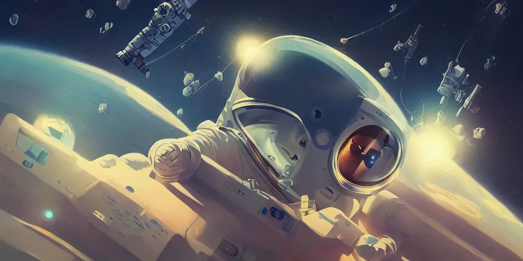 Image similar to a painting of an astronaut floating in space, poster art by mike winkelmann, behance contest winner, space art, sci - fi, poster art, 2 d game art