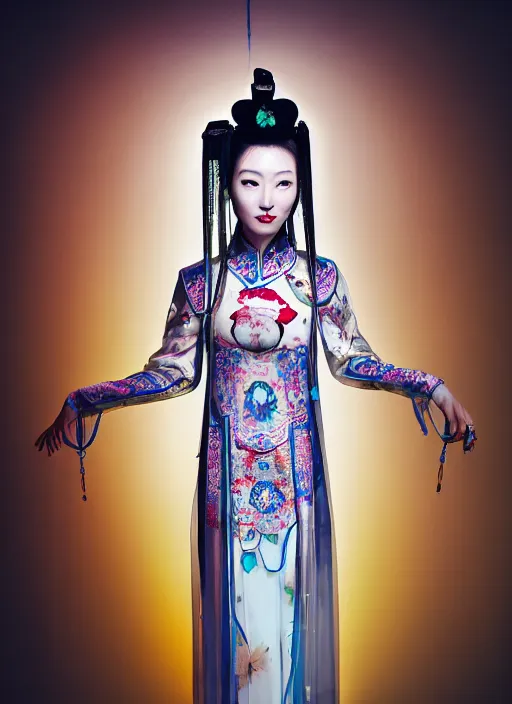 Image similar to photo shoot pose photo of beautiful Chinese ancient princess standing in the corridor in the space ship, symmetrical face, big eyes and lips, looking down, subtle makeup, clean face and body skin,ecstatic expression, ornamental jewelry and ancient translucent clothes, futuristic space ship interrior, wires with lights,depth of field, lens flares, dust in the air, moody lighting, intricate, elegant, highly detailed, centered, smooth, sharp focus, Donato Giancola, Joseph Christian Leyendecker, WLOP, Boris Vallejo, Artgerm moody photography, old photo, black and white, sepia, cinematic lighting, cinematic angle, editorial photography