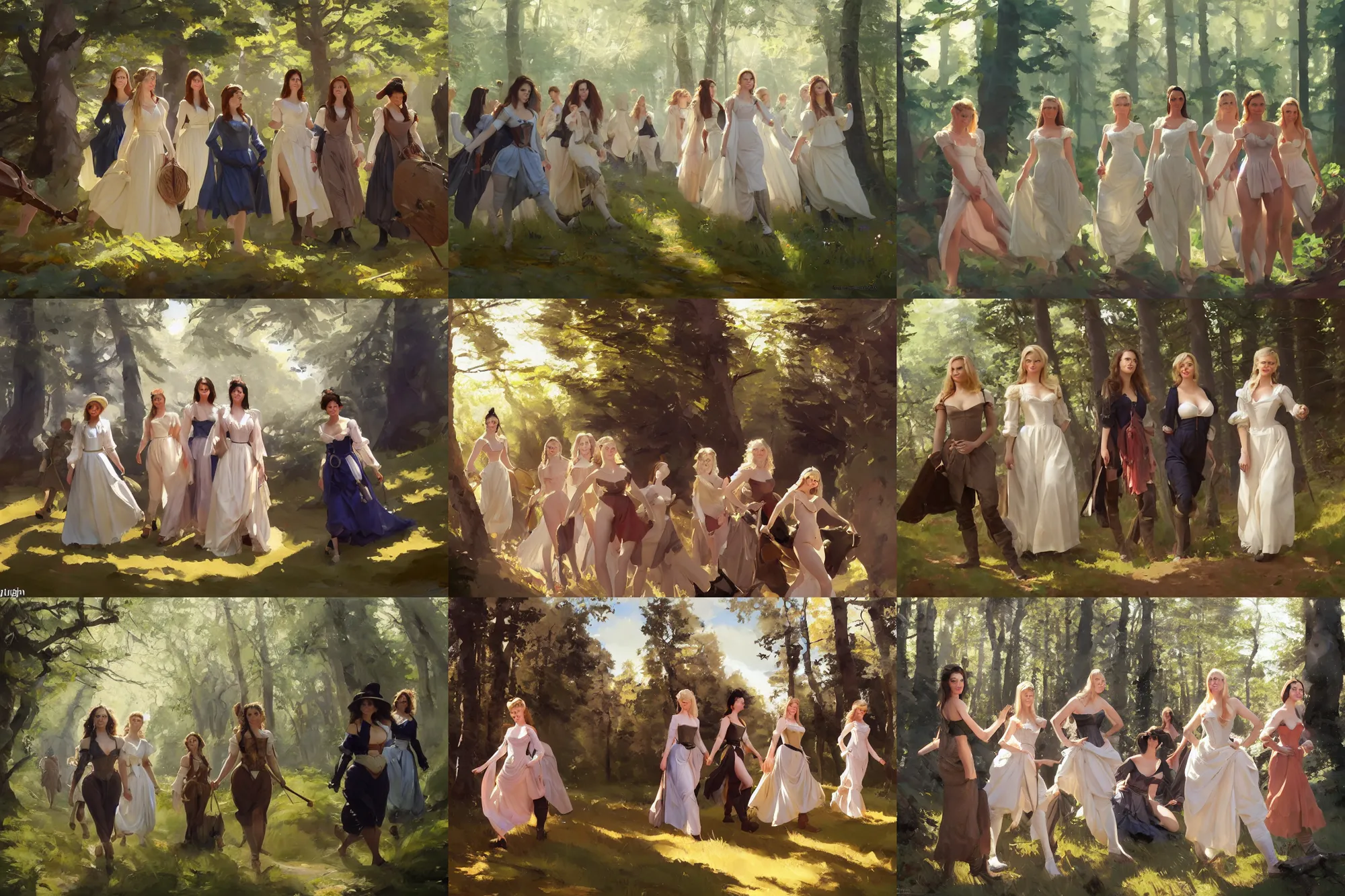 Prompt: a group of finnish norwegian swedish scandinavian attractive glamour models wearing 1 7 th century bodice with low neckline walking in the woods in a sunny day, jodhpurs greg manchess painting by sargent and leyendecker, studio ghibli fantasy medium shot asymmetrical intricate elegant matte painting illustration hearthstone, by greg rutkowski by greg tocchini by james gilleard