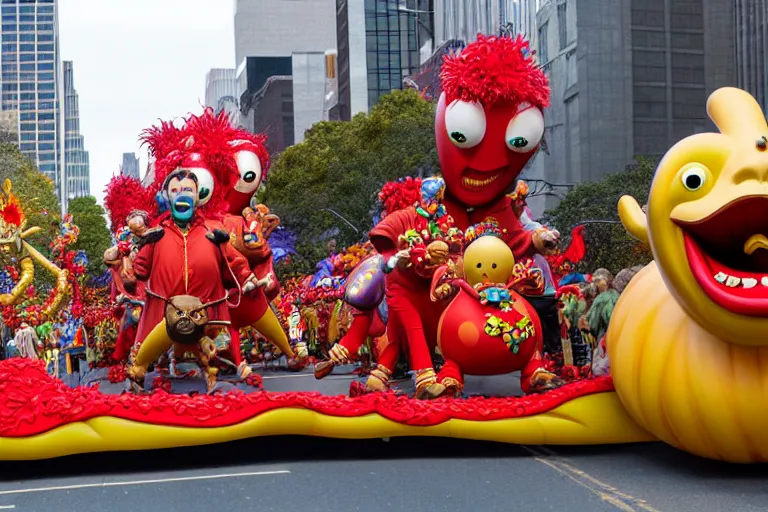 Image similar to photo of giant beautiful elaborate parade float characters designed by geoff darrow!!!! and ( ( ( ( ( ( peter jackson ) ) ) ) ) ), in the macys parade, detailed 4 k photo