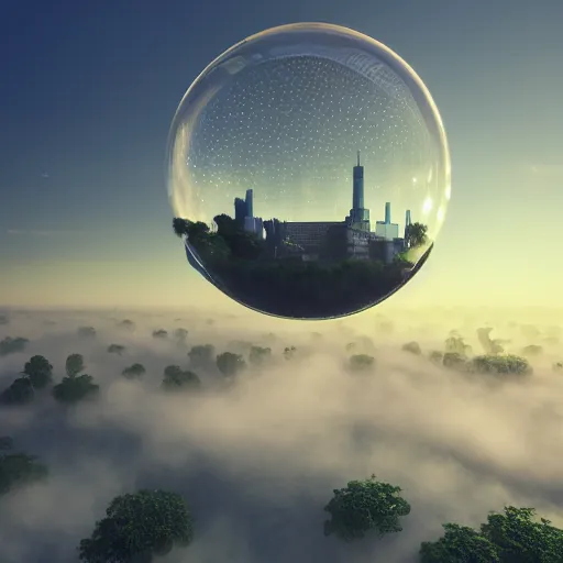 Prompt: skyscraper inside a bubble, floating on clouds, tethered to the ground realistic 3 d render, unreal engine, gardens, ecofuturism, solarpunk, maya, 8 k, vmax, award winning, trending on artstation, smooth, sharp focus, octane, twilight sunset background
