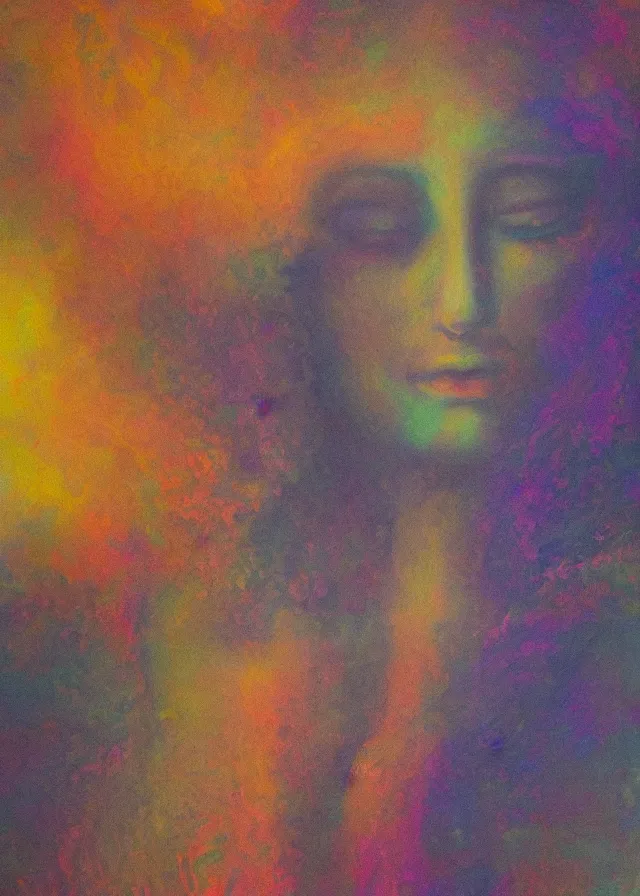 Image similar to serene deva of the golden blood mythos beloved (dreamy) gnostic fog, award winning oil painting, chromatic aberration sharp colors