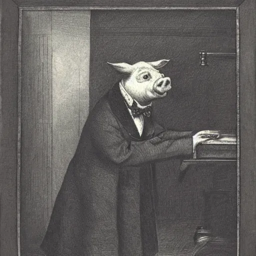 Prompt: a pig in a tuxedo, dark, high detail, dramatic light, drawing gustave dore