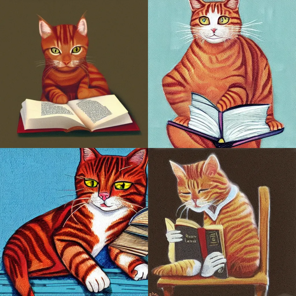 Prompt: A red tabby cat reading a book, in the style of Louis Wane