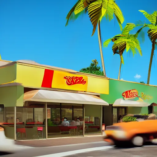 Image similar to fast food restaurant with palm trees, concept art, octane render