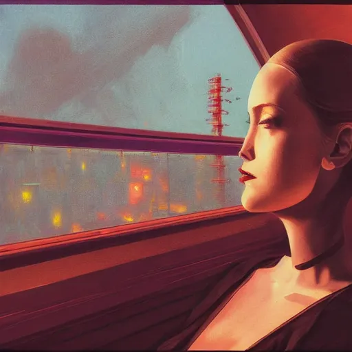 Image similar to detailed face of a woman, clockwork, moment, tectonic sky, skydome, bullet train, turbines, utopian, tech noir, wet reflections, prism, atmospheric, ambient, pj crook, syd mead, livia prima, greg rutkowski, edward hopper