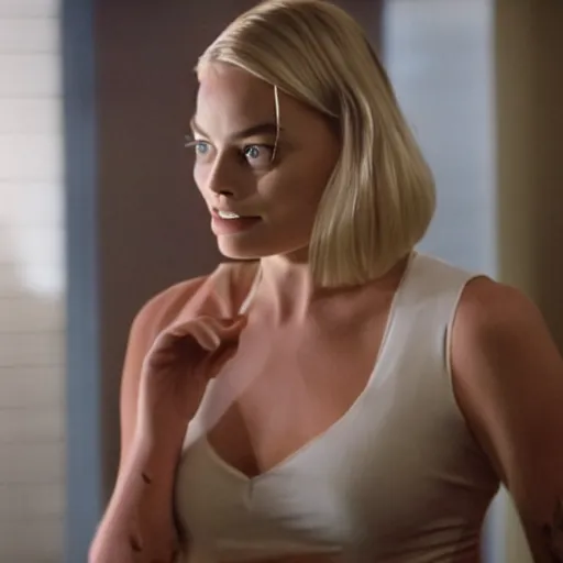 Prompt: still of margot robbie, morning routine in american psycho