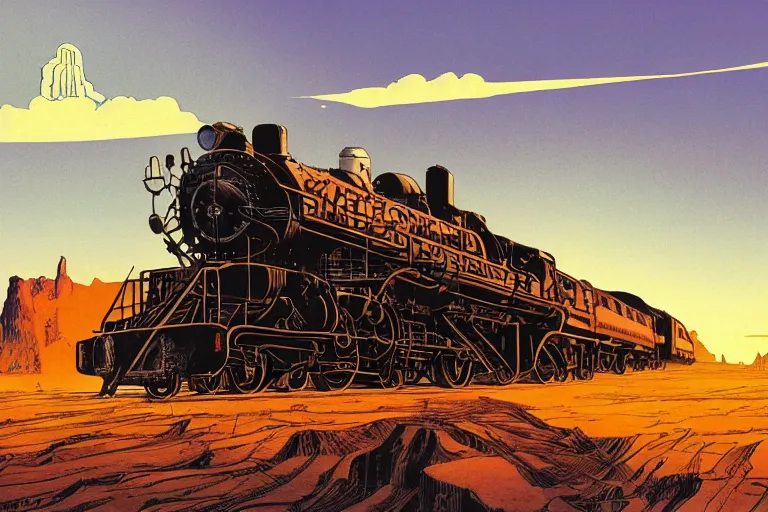 Image similar to old western freight train illustration by joe fenton and syd mead and p. craig russell and barry windsor - smith, artstation, 4 k, graphic novel, concept art, matte painting, steam engine spewing billowy white clouds of steam, beautiful idyllic mountain desert sunset background, golden hour, art nouveau