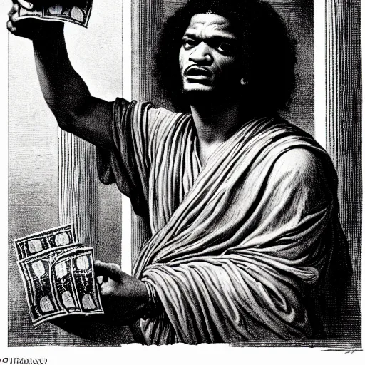 Image similar to fredo santana holding stacks of cash, biblical image, style of gustave dore, highly detailed, beautiful, high contrast, black and white