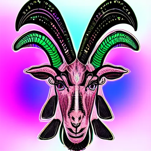 Image similar to baphomet goat head merged with mainframe circuitry, multicolored digital art