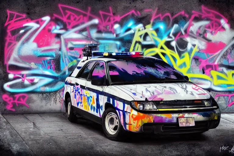 Prompt: a police car covered in graffiti by mia brownell, art by anna hotchkis, antonio saura, very detailed, maximalism, ambient occlusion, volumetric light, atmospheric haze, hyper realism, futuristic but colorful shading, cinematic composition, realistic render, photography, wide shot