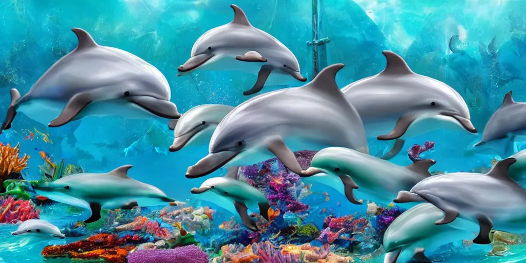 Prompt: sirens of the sea with other dolphins and sea creatures in their underwater kingdom, ultrarealistic, 4 k