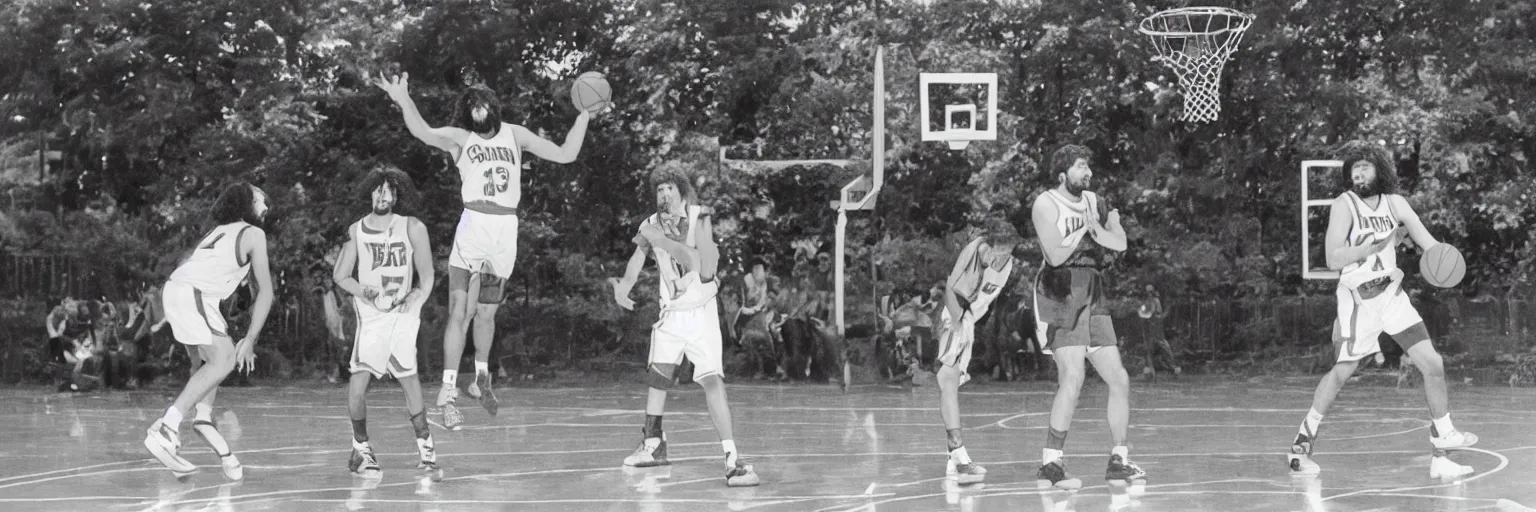 Prompt: picture of caveman playing basketball