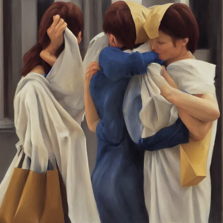 Prompt: two women hugging with a paper bag over the head dressed in plastic bags, highly detailed, artstation, art by, , edward hopper, zdislav beks