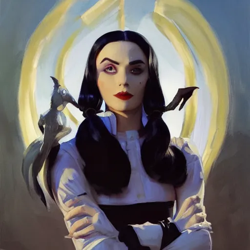 Prompt: greg manchess portrait painting of wednesday from addams family as overwatch character, medium shot, asymmetrical, profile picture, organic painting, sunny day, matte painting, bold shapes, hard edges, street art, trending on artstation, by huang guangjian and gil elvgren and greg rutkowski