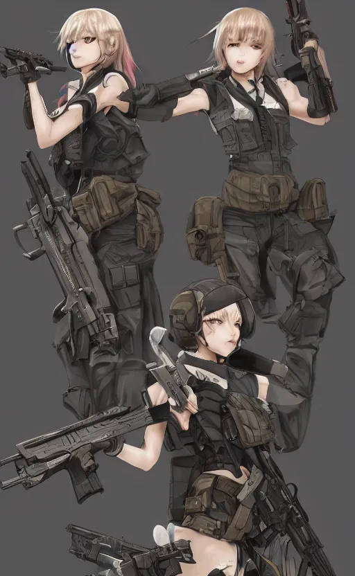 Prompt: highly detailed, high resolution, character design art, stunning, volumetric lightning, realistic guns, girls frontline style, matte, sharp focus, 150mm, illustration, artstation, by yusuke kozaki, professional result, realistic human anatomy, simple design, realistic military gear