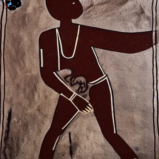 Prompt: Ancient cave painting of a basketball player, photo