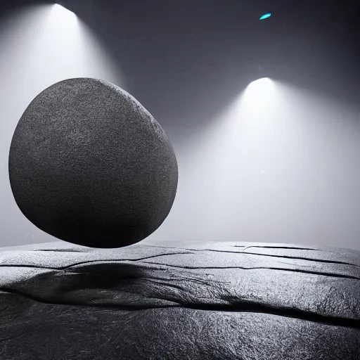 Prompt: a large boulder rock with a metallic finish is embedded in a circular matte black industsrial stage in the center of a dark space, a ring of overhead lights cast onto the rock and it throws caustic reflections into space, low misty atmosphere, hyper realistic image in the style of jeremy geddes but photo real, dark black space, 8k octane render