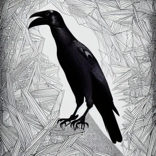 Prompt: a simple crow painting by Android Jones and M. C. Escher collaboration, futurist, digital art, dramatic lighting