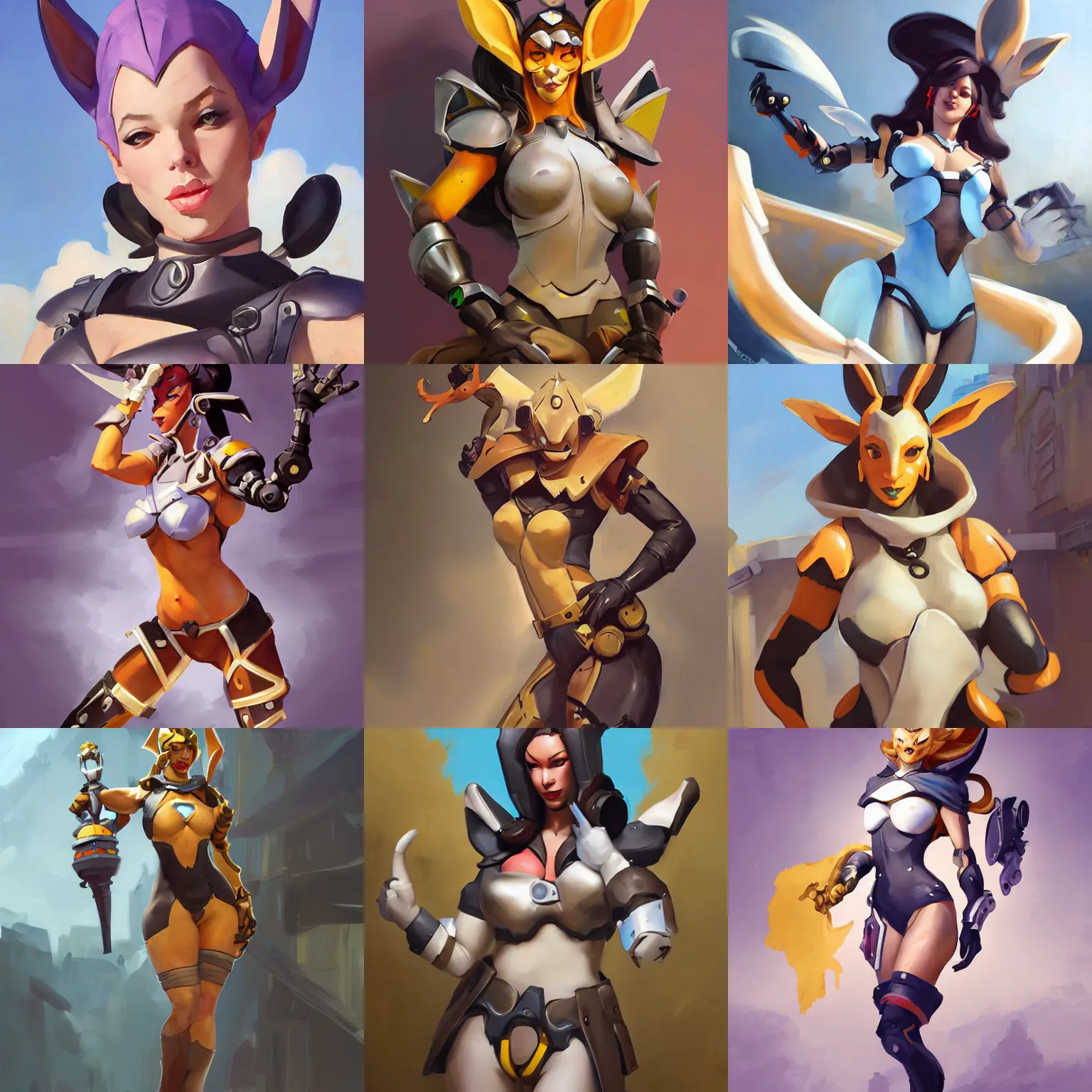 Prompt: cartoony, happy Greg Manchess portrait painting of a rabbit woman character from overwatch, armor, full shot, asymmetrical, splashscreen, Organic Painting, sunny day, Matte Painting, bold shapes, hard edges, cybernetic, street art, trending on artstation, by Huang Guangjian and Gil Elvgren and Sachin Teng