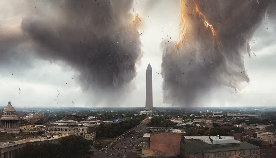 Image similar to tornado destroy washington dc, damaged and destroyed buildings, fallen washington monument, ashes, fire, smoke columns, tornadoes, storm, hyperdetailed, artstation, cgsociety, 8 k