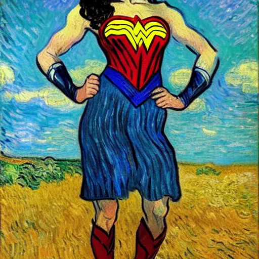 Image similar to Portrait painting of modern Vincent Van Gogh but in a Wonder Woman costume cosplaying as Gal Godot Wonder Woman Superhero by Claude Monet, original Post Impressionist art