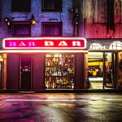 Prompt: bar on a street, photo, rain, neon