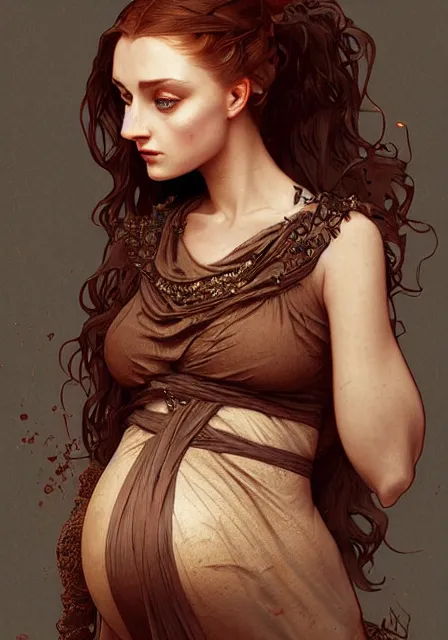 Image similar to sansa pregnant mummy zombie, intricate, elegant, highly detailed, digital painting, artstation, concept art, smooth, sharp focus, illustration, art by artgerm and greg rutkowski and alphonse mucha and william - adolphe bouguereau