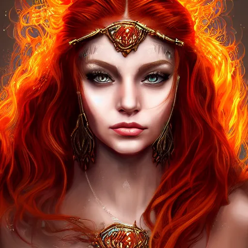 Prompt: A portrait of an attractive young female fire angel, beautiful long fire hair, wearing tumultus flames, intricate, highly detailed, elegant, digital painting, trending on artstation – n 9