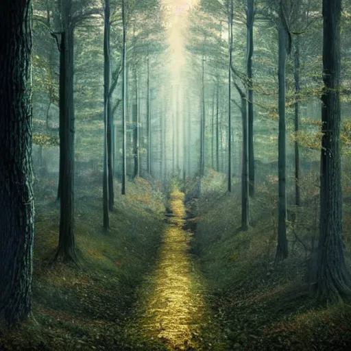 Prompt: heroinchic immaculate painting of A Beautiful fine detailed Forest Illusion by erik johansson with specular highlights with hints of gold and diamonds and pearls in various flavours, micro detailing populated by organic crystals